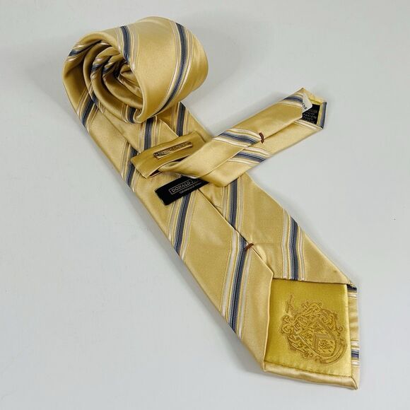 NWT Donald J Trump 100% Silk Necktie Tie Striped Yellow Gold Blue 3 1/2 x 62 - Picture 2 of 4